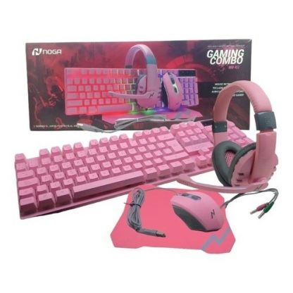 kit gamer 4 en 1 rosa teclado, mouse, auricular, pad nkb-411